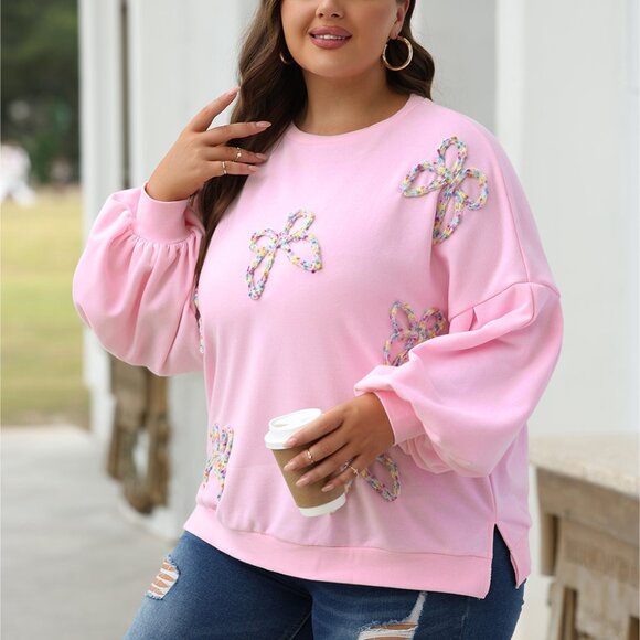 Light Pink Embroidered Bow Lantern Sleeve Oversized Pullover Sweatshirt - Picture 6 of 10